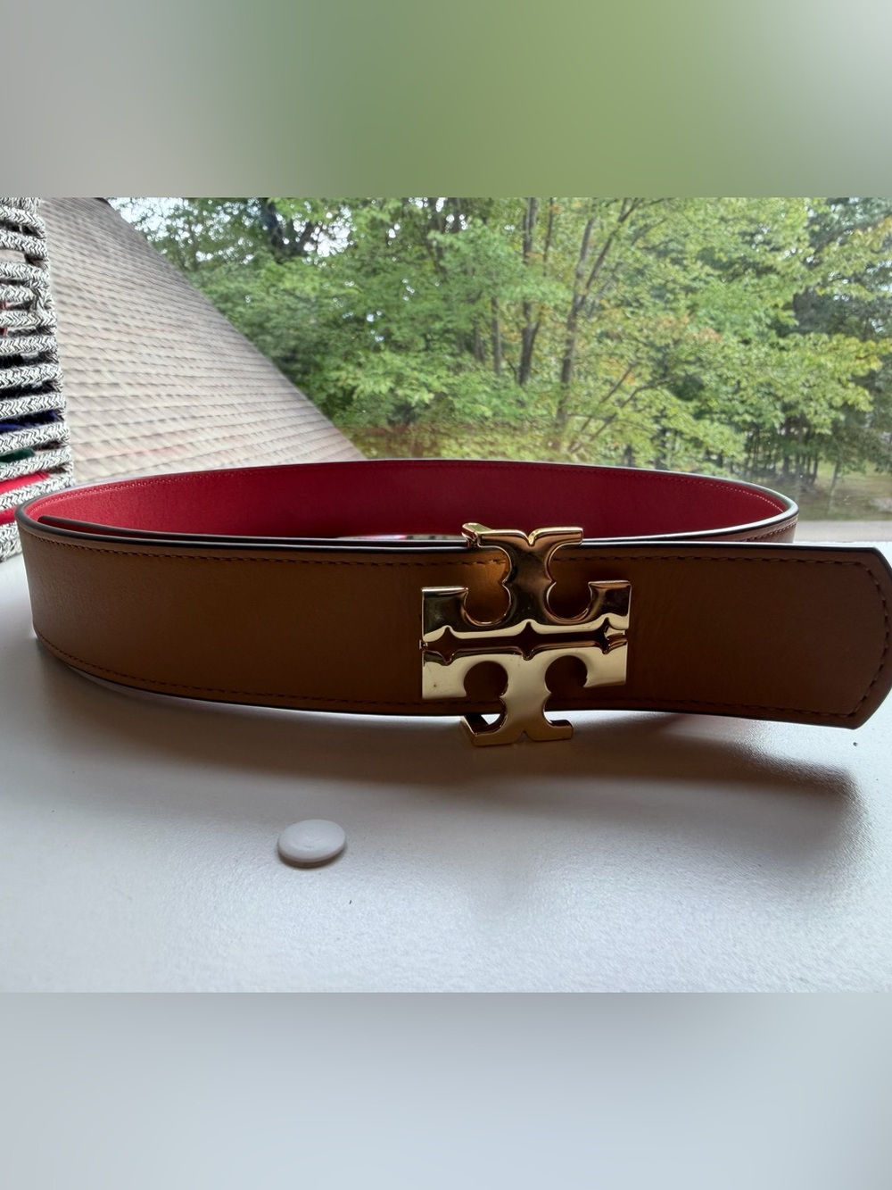 Tory Burch Brown Leather Belt with Gold Logo and Red Lining